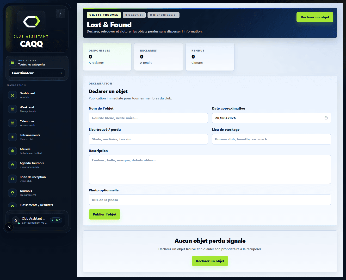 Gestion des objets perdus dans Club Assistant avec déclaration et suivi