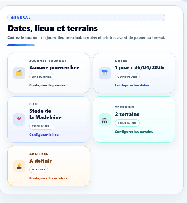 Configuration des dates, lieux et terrains d'un tournoi